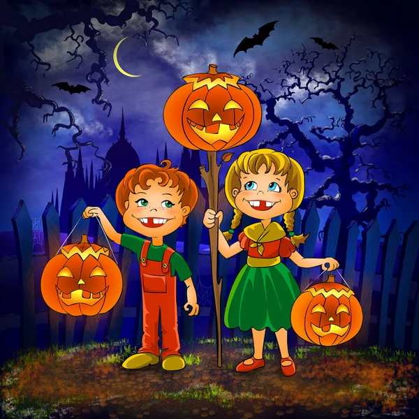 Kids with pumpkins celebrate halloween. — Stock Photo, Image