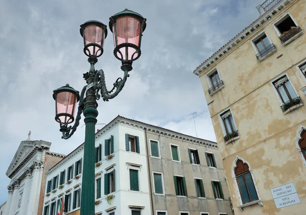 stock image Streetlamp near to cathedral Santa Maria della Pieta on the Riva Degli Schiavoni in Venice, Italy.