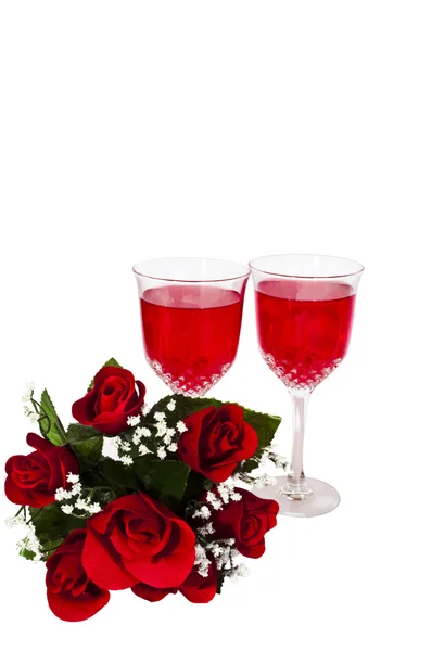 Víno a růže na bílém pozadí Stock Obrázky