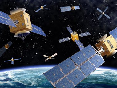 Illustration of competing satellites in orbit around the earth clipart