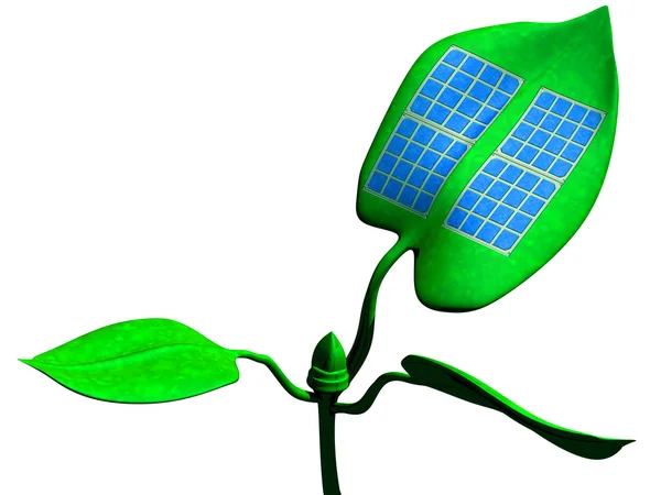 附加到绿叶的太阳能电池板的插图 — 图库照片