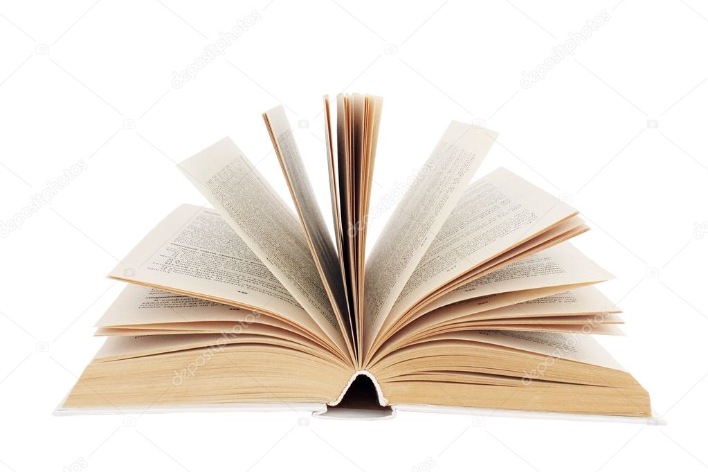 Opened book with fan-shaped sheets isolated on white