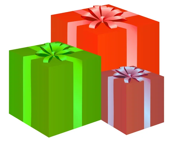 Τρία Κουτιά Πολύχρωμο Δώρο Πάνω Από Λευκό Διανυσματικά Εικονογράφηση — Διανυσματικό Αρχείο