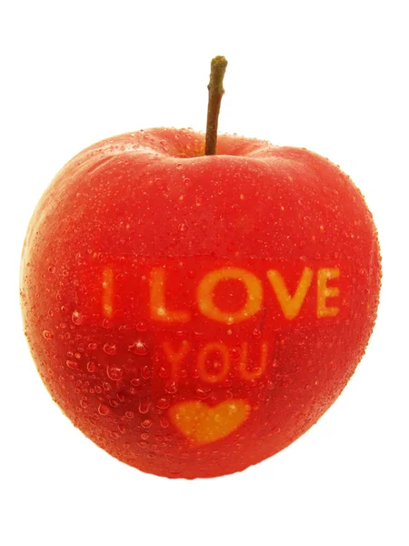 Roter Apfel Mit Tautropfen Und Ich Liebe Dich — Stockfoto