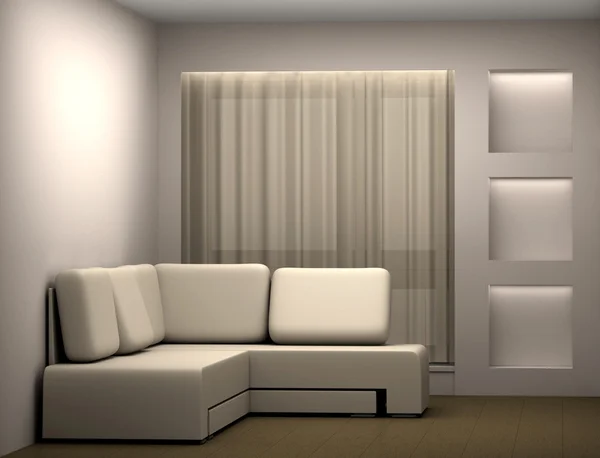 Leeres Weißes Zimmer Mit Sofa Vorhang Und Schaufenster — Stockfoto
