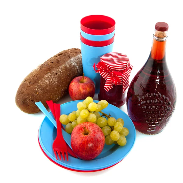 Picknick voedsel in blauwe servies — Stockfoto