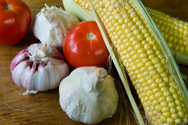 Garlic tomate and maize — Stok fotoğraf