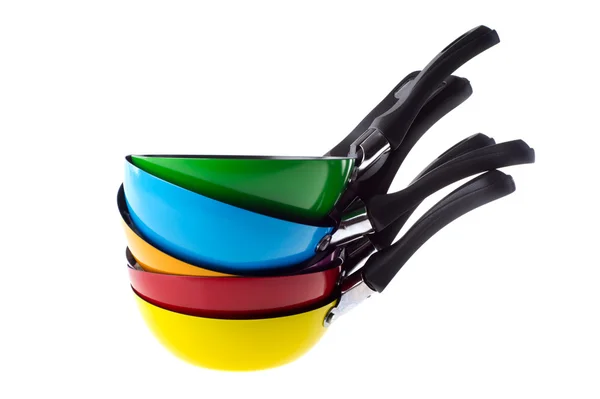 Many Stacked Colorful Frying Pans Isolated White — Stock Photo, Image