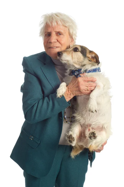 Ηλικιωμένη γυναίκα με σκύλο — Φωτογραφία Αρχείου