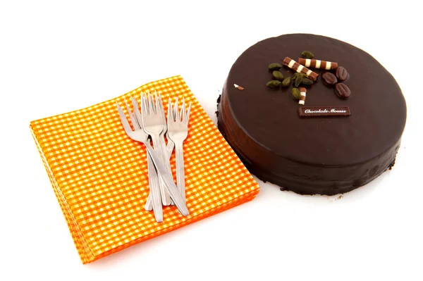Tarta Chocolate Con Servilletas Papel Tenedores —  Fotos de Stock