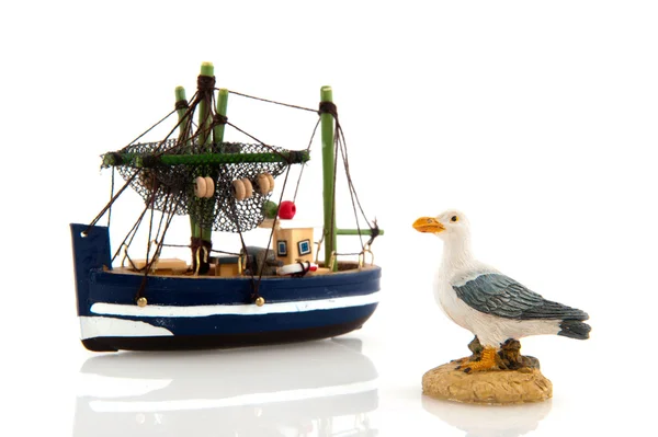 Miniature Fishing Boat Sea Gull Isolated White — Stock Photo, Image
