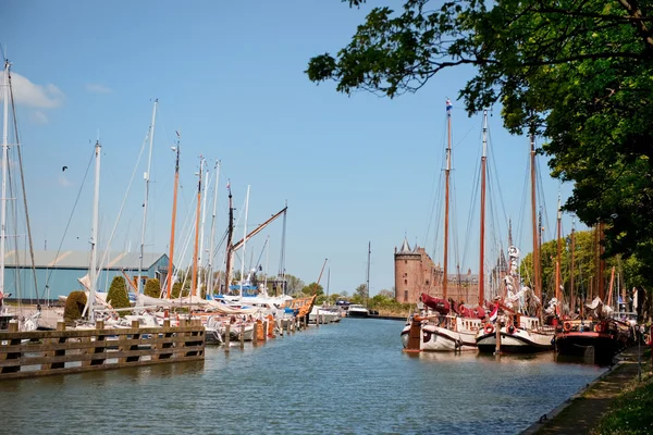 Vesnice v Holandsku s přístavem a hrad — Stock fotografie
