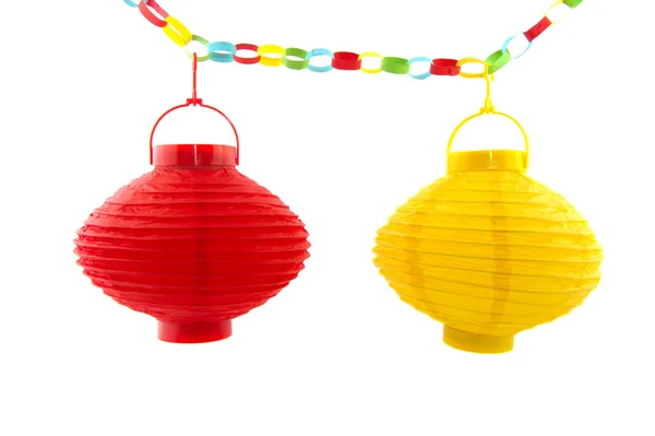 Lanternas Papel Vermelho Amarelo Isoladas Sobre Branco — Fotografia de Stock
