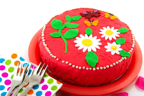 庆祝生日蛋糕餐巾和餐具 — 图库照片