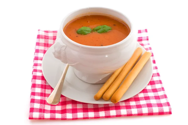 Sopa Tomate Com Manjericão Paus Pão Isolados Sobre Fundo Branco — Fotografia de Stock