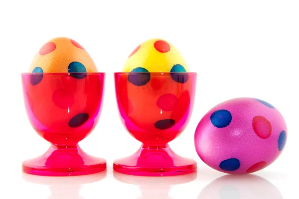 Colorful Easter Eggs Pink Cups Isolated White — Stock Photo, Image