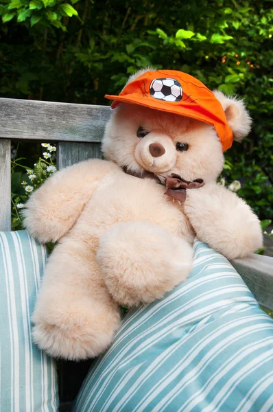 オランダ サッカー庭園で屋外オレンジ帽子とクマします — ストック写真