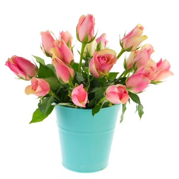 Festive Bouquet Pink Roses Blue Bucket — Stock Photo, Image