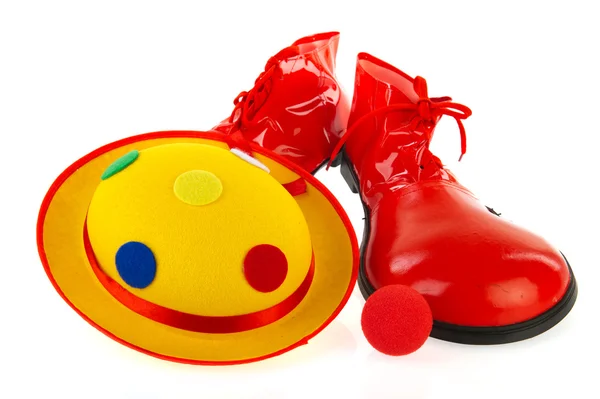 Palyaçolardan Malzemeleriyle Şapka Ayakkabı Kırmızı Burun — Stok fotoğraf