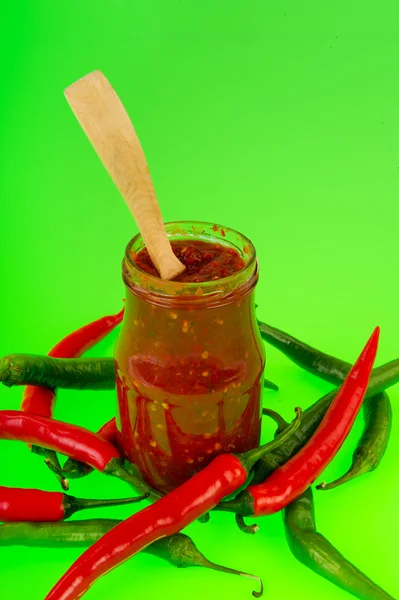 Hot Pepper Paste Named Sambal Many Fresh Red Green Papers — Stock Photo, Image