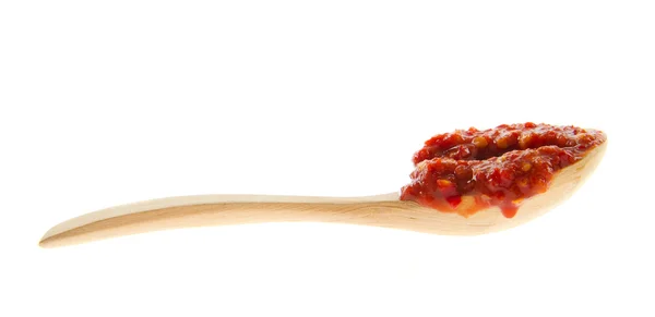 Chilli Hot Pepper Vložit Pojmenované Sambal Dřevěnou Lžící — Stock fotografie