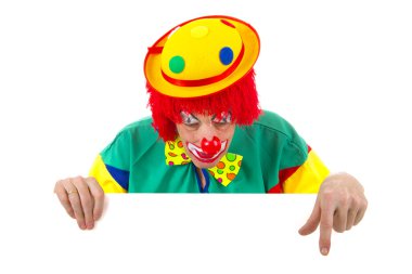 Clown with a white card pointing to youre text clipart