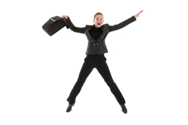 Счастливая Деловая Женщина Прыгает Сумкой Ноутбука — стоковое фото