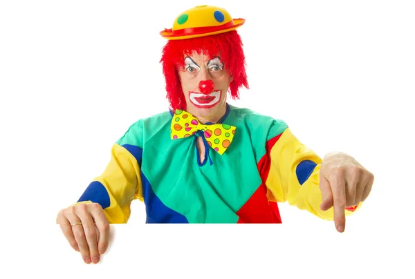 Clown Mit Weißer Karte Die Auf Deinen Text Zeigt — Stockfoto