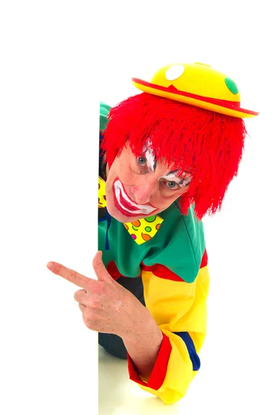 Clown Med Ett Vitt Kort Peka Väljer Text — Stockfoto