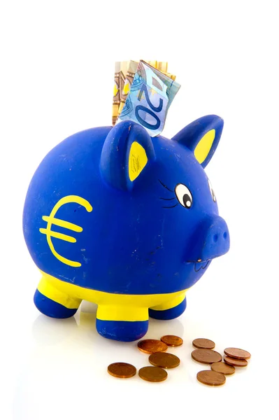 Blue Piggy Bank Saving Euros Isolated White Background — Stock Photo, Image