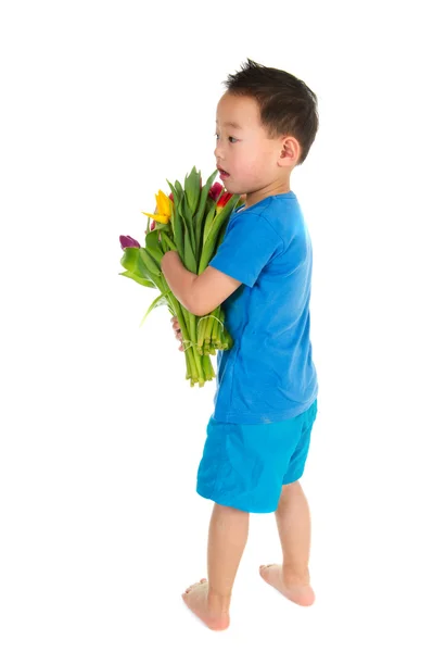 Азиатский Мальчик Небольшим Недостатком Разноцветными Тюльпанами — стоковое фото