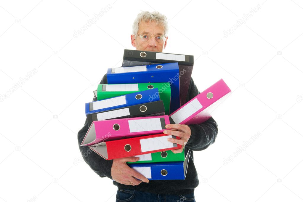 Elderly man in panic while having lots of paper administration