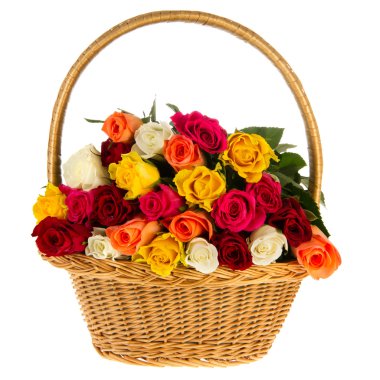 Colorful bouquet roses in basket clipart