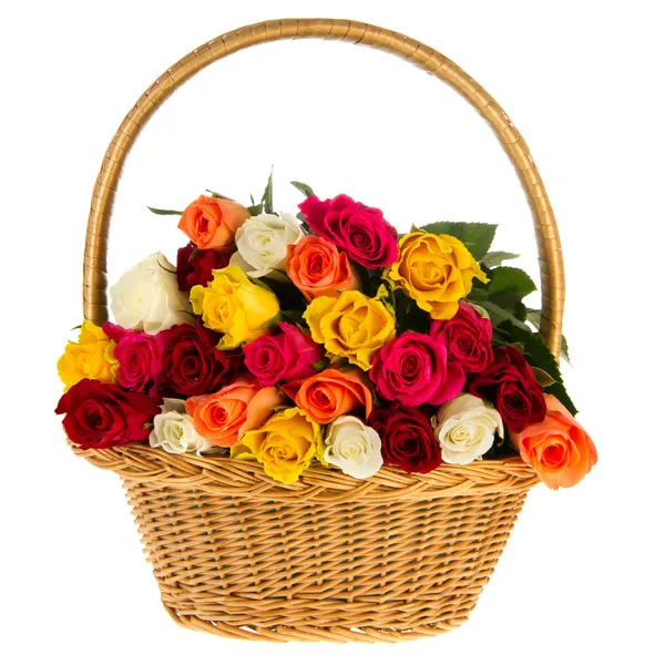 Colorful bouquet roses in basket — Stock Photo, Image