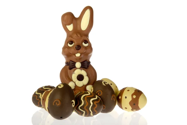 Chocolate easter hare and eggs — Stock Photo, Image