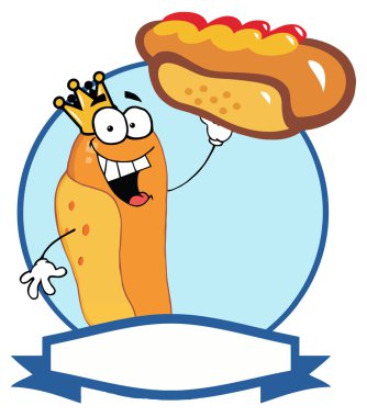 King Hot Dog Holding Up A Garnished Hot Dog Over A Blue Circle And Blank Text Box clipart