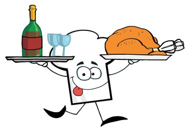 Cartoon Chefs Hat Character Running With Tray Of Wine And Plate With Chicken clipart