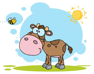 Cartoon Character Cute Little Cow Seen Flying Bee clipart