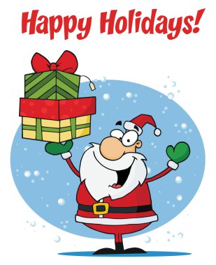 Happy Holidays Greeting With Santa Holding Gifts clipart