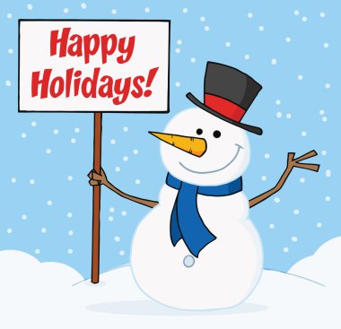 Joyous Snowman Holding A Blank Sign On A Hill clipart