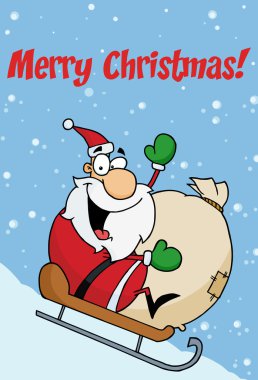 Jolly Christmas Santa Waving And Sledding With His Toy Sack In The Snow clipart