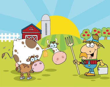 Country Farm Scene With Cows And Cowman clipart