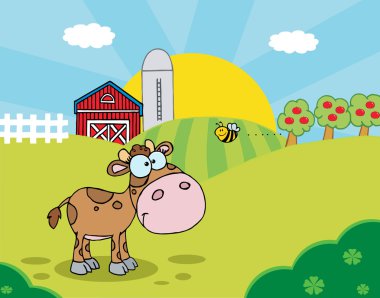 Bee Flying Towards A Lone Calf In A Pasture Cartoon Character clipart