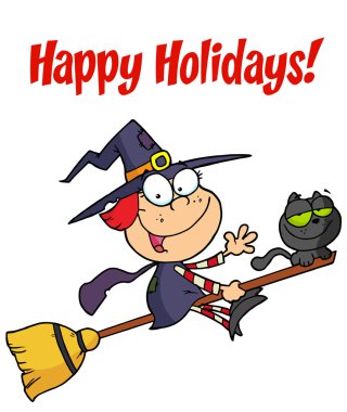 Happy Holidays Greeting Over A Little Halloween Witch Cartoon Character clipart