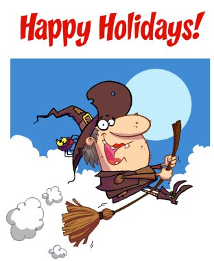 Happy Holidays Greeting Over A Halloween Witch And Spider clipart