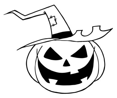 Black And White Outline Of A Jack O Lantern Wearing A Witch Hat clipart