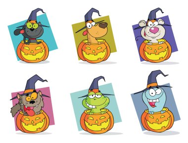 Digital Collage Of Happy Animals And Jack O Lanterns clipart