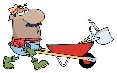 Hispanic Male Landscaper Pushing A Rake And Shovel In A Wheelbarrow clipart