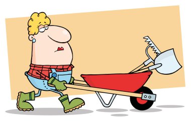 Caucasian Lady Landscaper Pushing A Rake And Shovel In A Wheelbarrow clipart