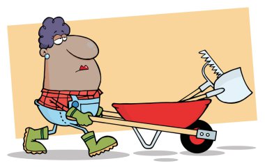 Hispanic Lady Landscaper Pushing A Rake And Shovel In A Wheelbarrow clipart